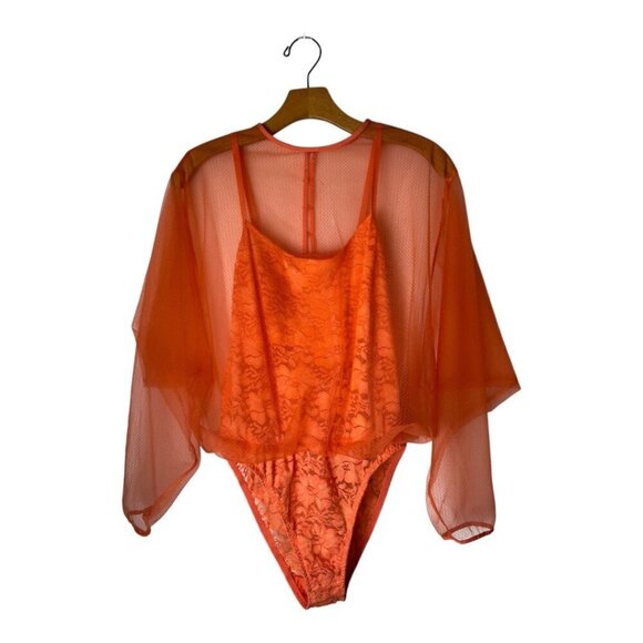 HAH Hot As Hell Bodysuit Women Medium Orange Sheer Lace Mesh Mama Jen - Picture 3 of 12